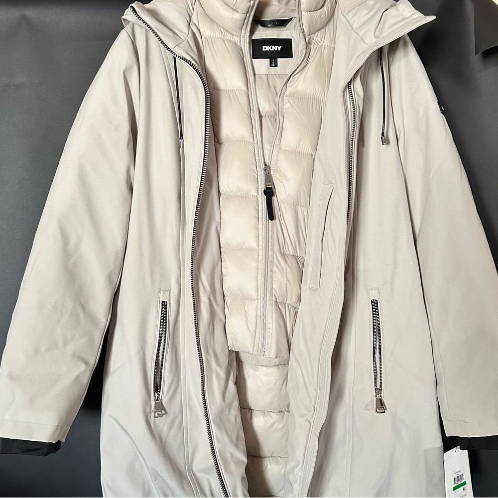 DKNY Womens Hooded Bibbed Zip-Front Puffer Coat size LARGE NWT